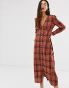 Only Check Maxi Dress With Button Through Detail - Brown