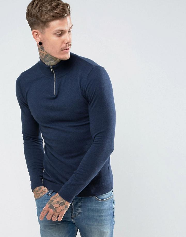 Asos Half Zip Cotton Sweater In Navy - Navy