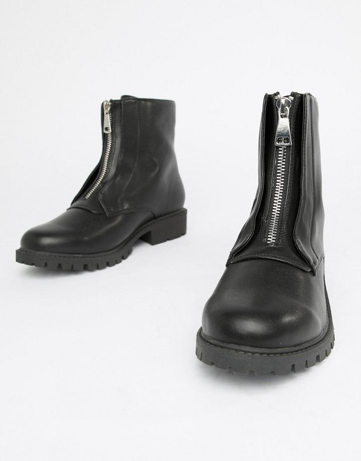London Rebel Zip Up Chunky Flat Boots - Black