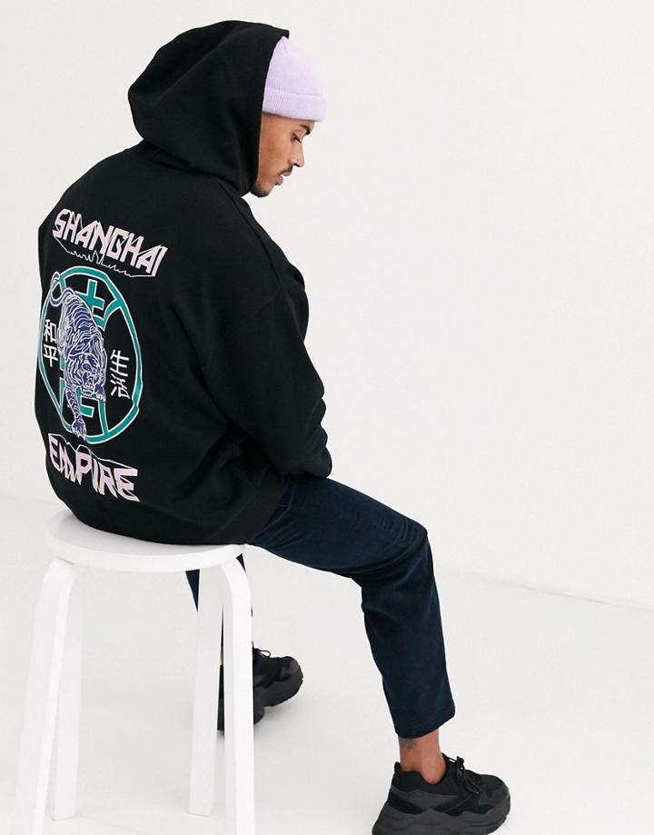 Asos Design Oversized Hoodie With Tiger Back Print-black