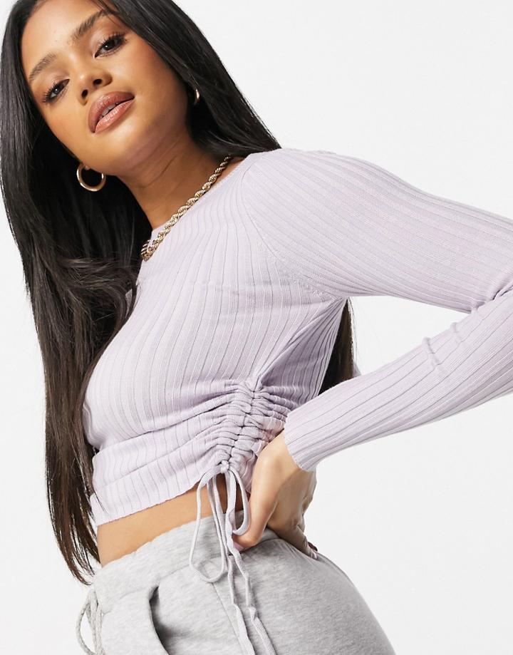 Parallel Lines Ribbed Sweater With Ruched Side In Lilac-purple