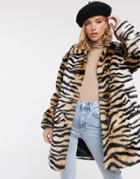 Asos Design Tiger Faux Fur Button Through Coat