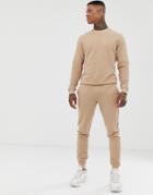 Asos Design Ribbed Tracksuit Sweatshirt / Skinny Sweatpants In Beige - Beige