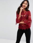 Ax Paris Lace 3/4 Bell Sleeve Top - Red