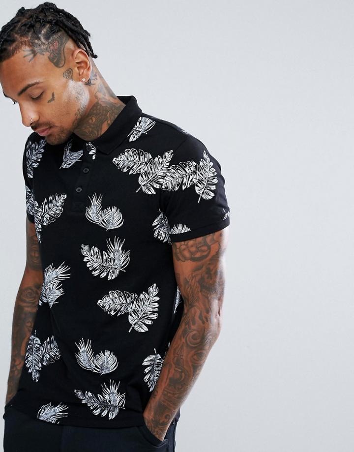 Bershka Polo With Leaf Print In Black And White - Black