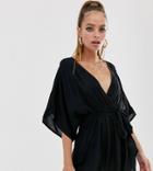 Asos Design Petite Plunge Tie Waist Kimono Sleeve Crinkle Beach Cover Up In Black