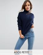 Asos Petite High Neck Sweater With Cable Sleeves - Navy