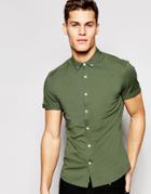 Asos Skinny Shirt In Khaki Twill With Short Sleeves - Four Leaf Clover