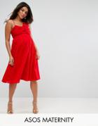 Asos Maternity One Shoulder Midi Sundress In Dobby Fabric - Red