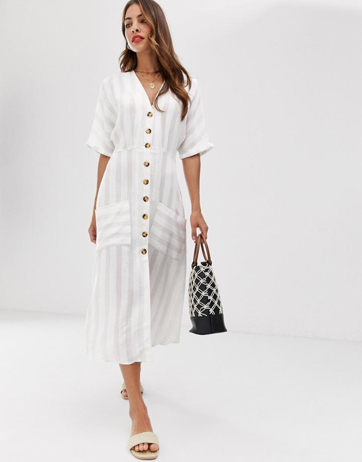 Stradivarius Button Front Midi Dress - White