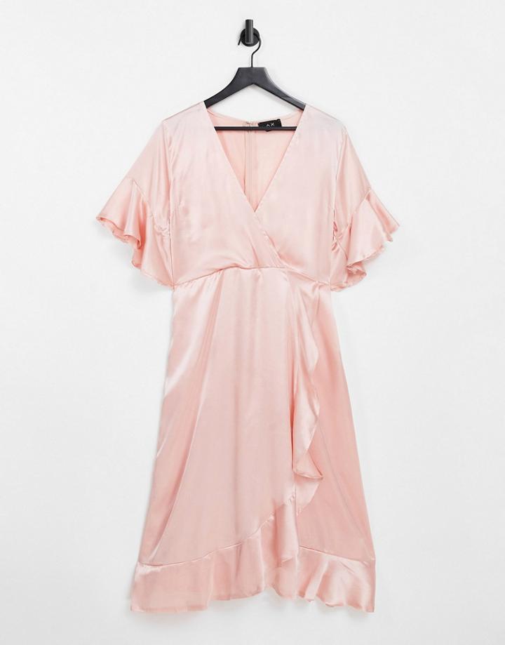 Ax Paris Satin Ruffle Wrap Midi Dress In Pink