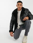 Asos Design Faux Shearling Aviator Jacket In Black