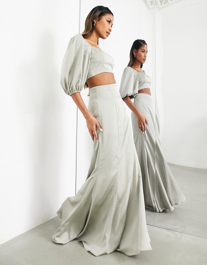 Asos Edition Satin Fishtail Maxi Skirt In Sage Green - Part Of A Set