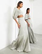 Asos Edition Satin Fishtail Maxi Skirt In Sage Green - Part Of A Set
