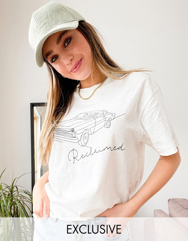 Reclaimed Vintage Inspired Organic Cotton T-shirt With Car Line Drawing In White