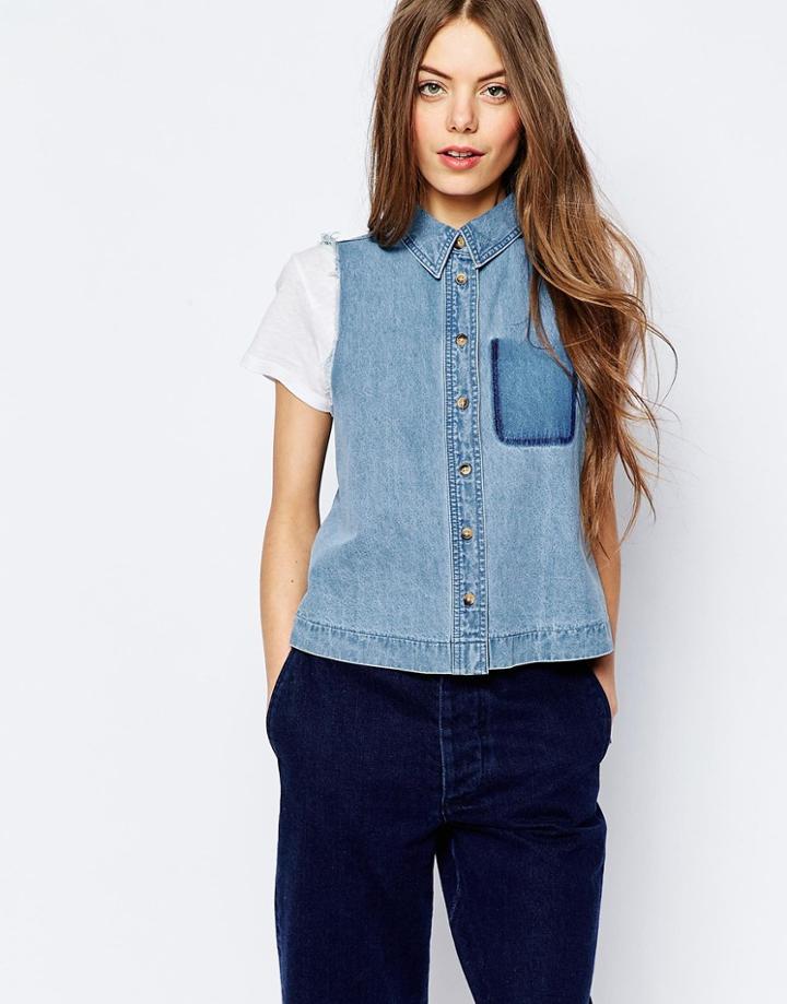Asos Denim Sleeveless Shirt With Raw Edge And Shadow Pocket - Midwash Blue