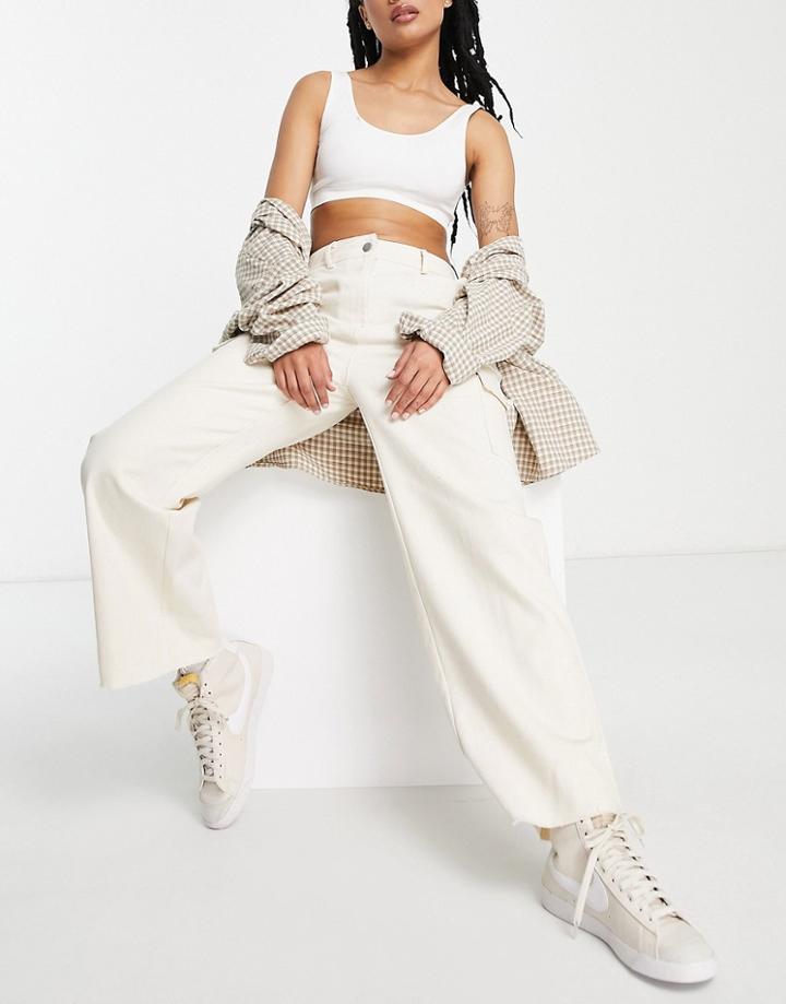 Missguided Petite Wide Leg Cargo Pocket Pants In Cream-white