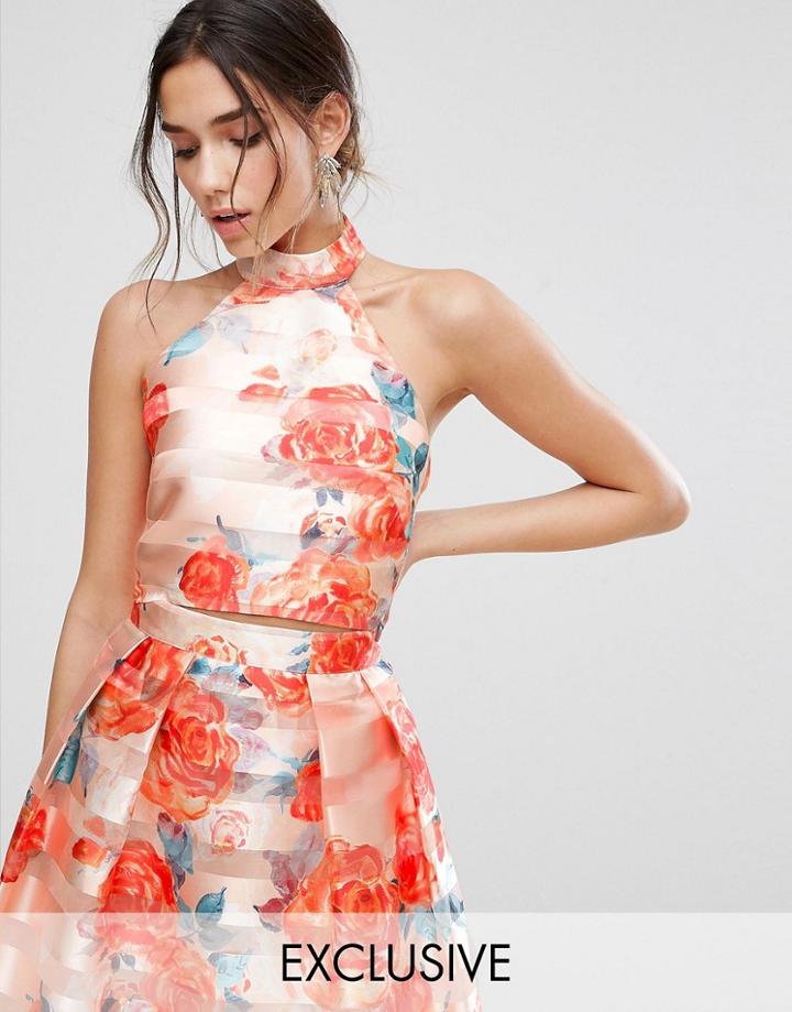 True Violet High Neck Crop Top In Striped Organza - Orange