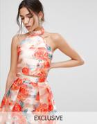 True Violet High Neck Crop Top In Striped Organza - Orange