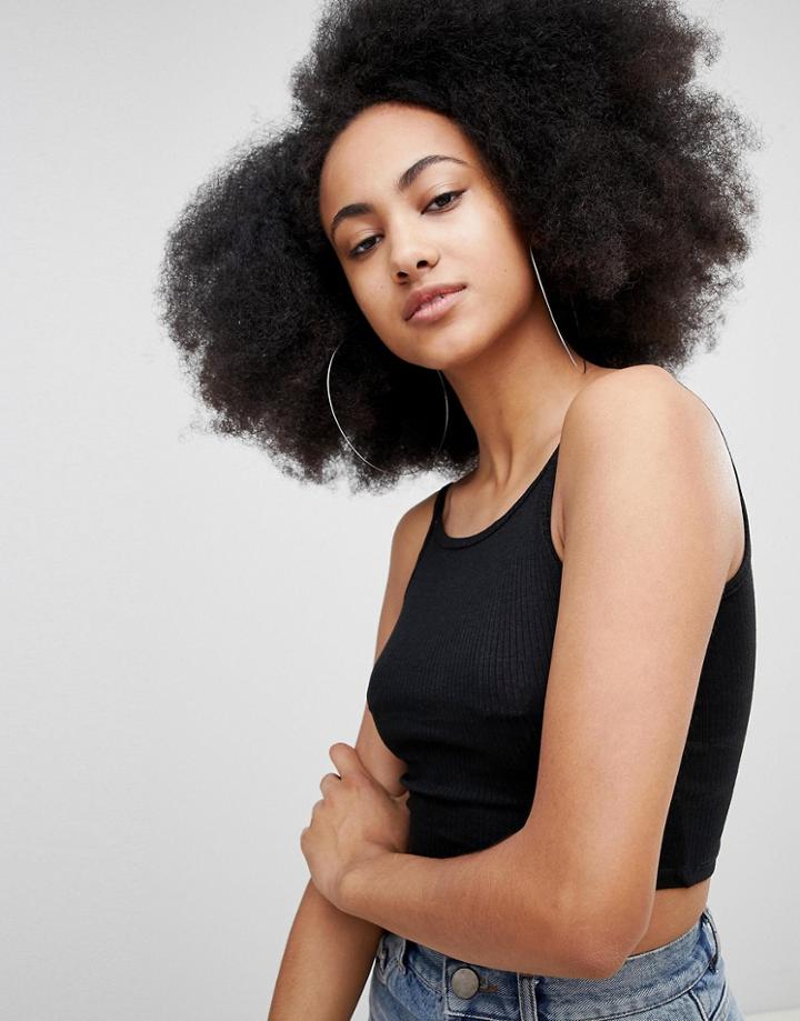 Pull & Bear Ribbed Cropped Cami - Black