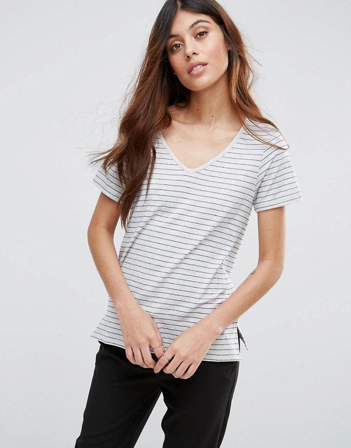 Vero Moda Stripe V Neck T-shirt - Gray