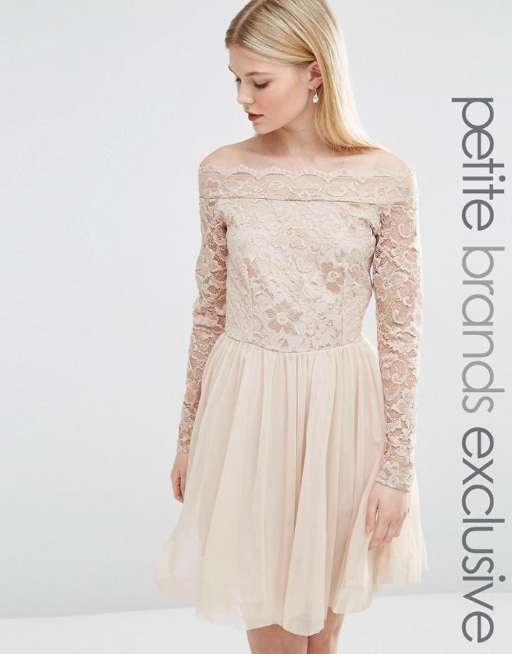 John Zack Petite Lace Top Bardot Mini Dress With Tulle Skirt - Mink