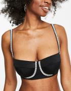Asos Design Fuller Bust Diamante Underwire Embellished Slinky Bikini Top In Black