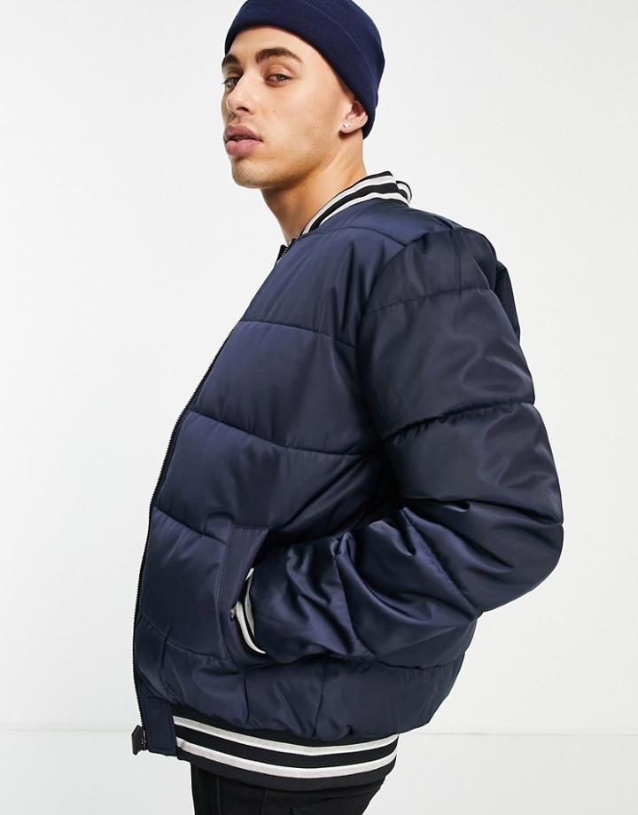 River Island Varsity Bomber Jacket In Navy