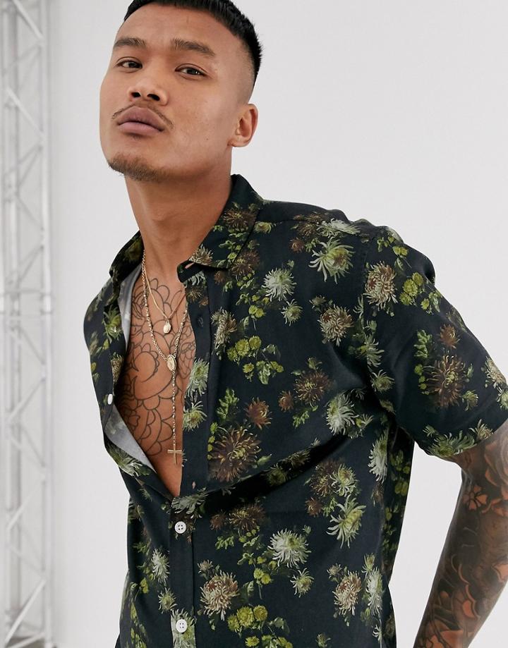 Asos Design Slim Floral Shirt In Black - Black