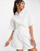 Pretty Lavish Pocket Linen Romper With Elastic Waist In White-purple