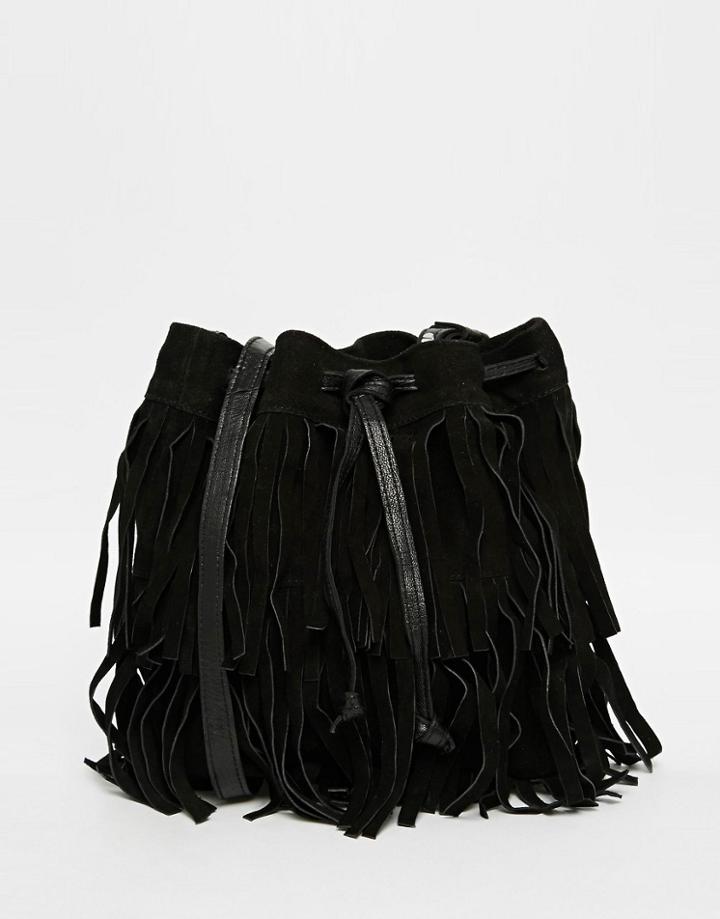 Mango Extreme Fringing Leather Bucket Bag - Black