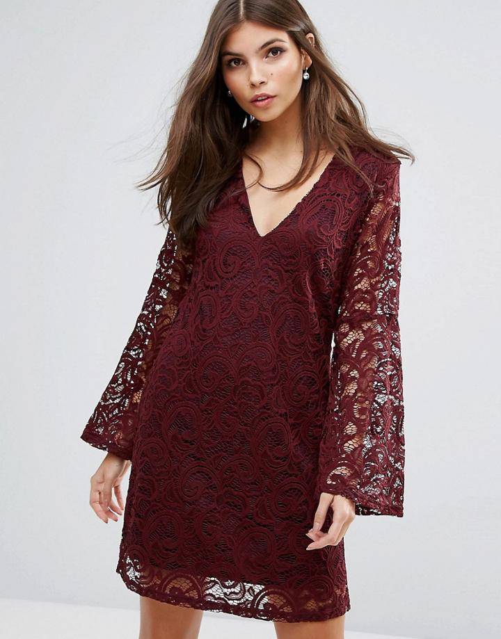 Ax Paris Lace Dress With Fluted Sleeves - Red