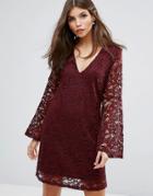 Ax Paris Lace Dress With Fluted Sleeves - Red