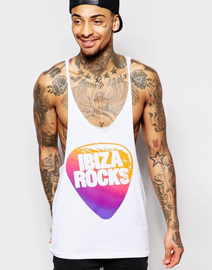 Asos Tank With Ibiza Rocks Print And Raw Edge Extreme Racer Back - White