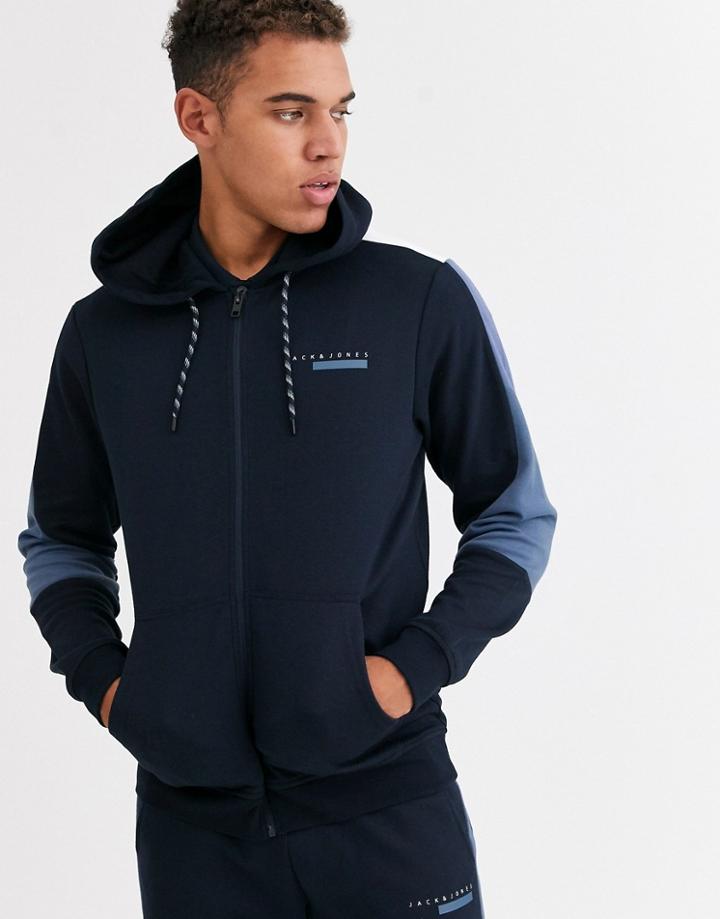 Jack & Jones Core Cut & Sew Zip Through Hoodie In Navy