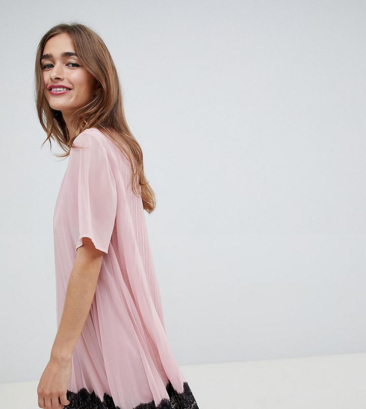 Asos Design Petite Pleated Mini Dress With Lace Hem - Pink