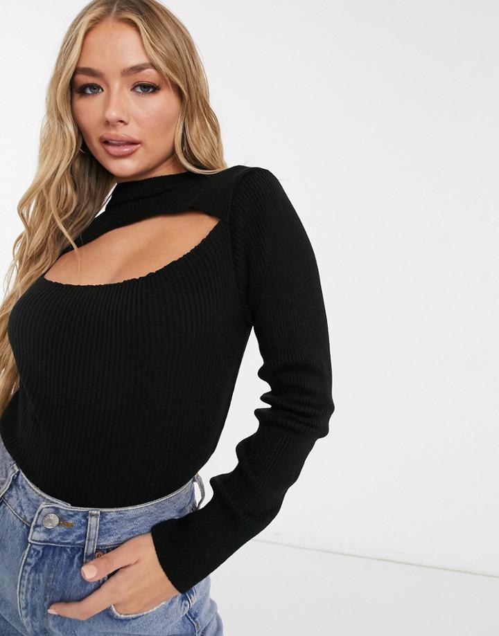 Femme Luxe Knitted Cutout Neck Detail Sweater In Black