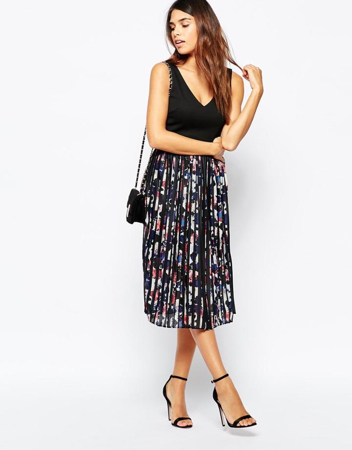 Warehouse Print Pleated Skirt Dress - Black