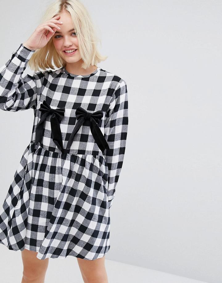 Lazy Oaf Long Sleeve Tea Dress With Bow Nips In Check - Multi