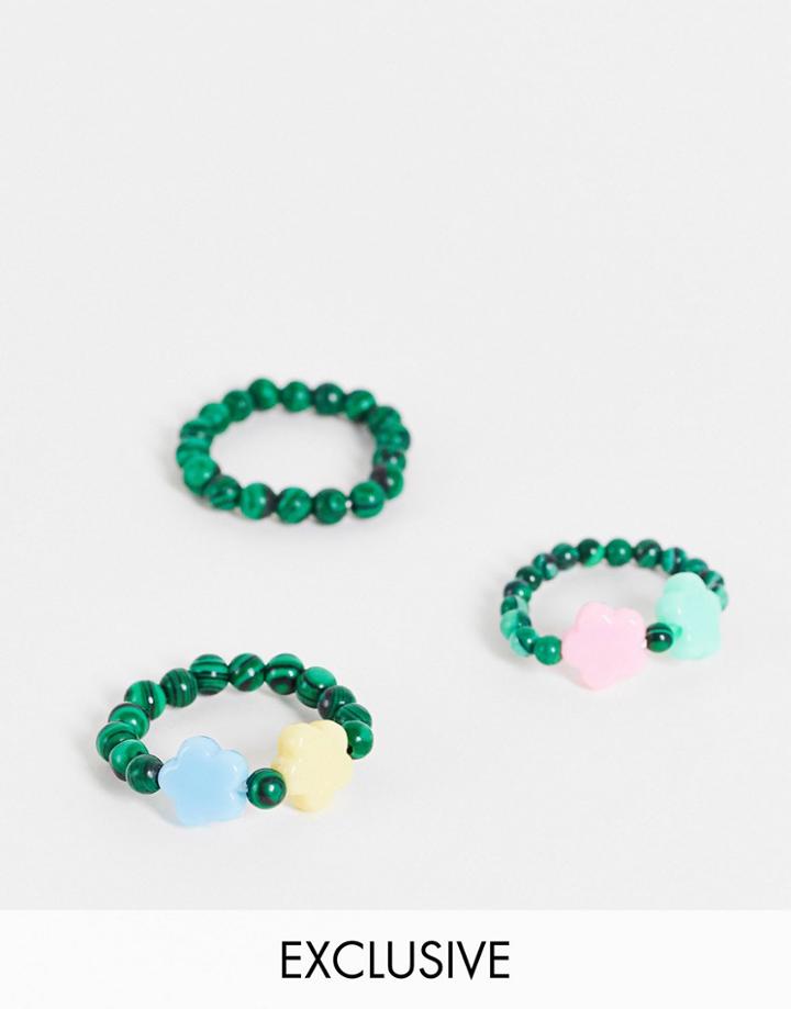 Reclaimed Vintage Inspired Unisex Stretch Rings With Flower Beads In Green