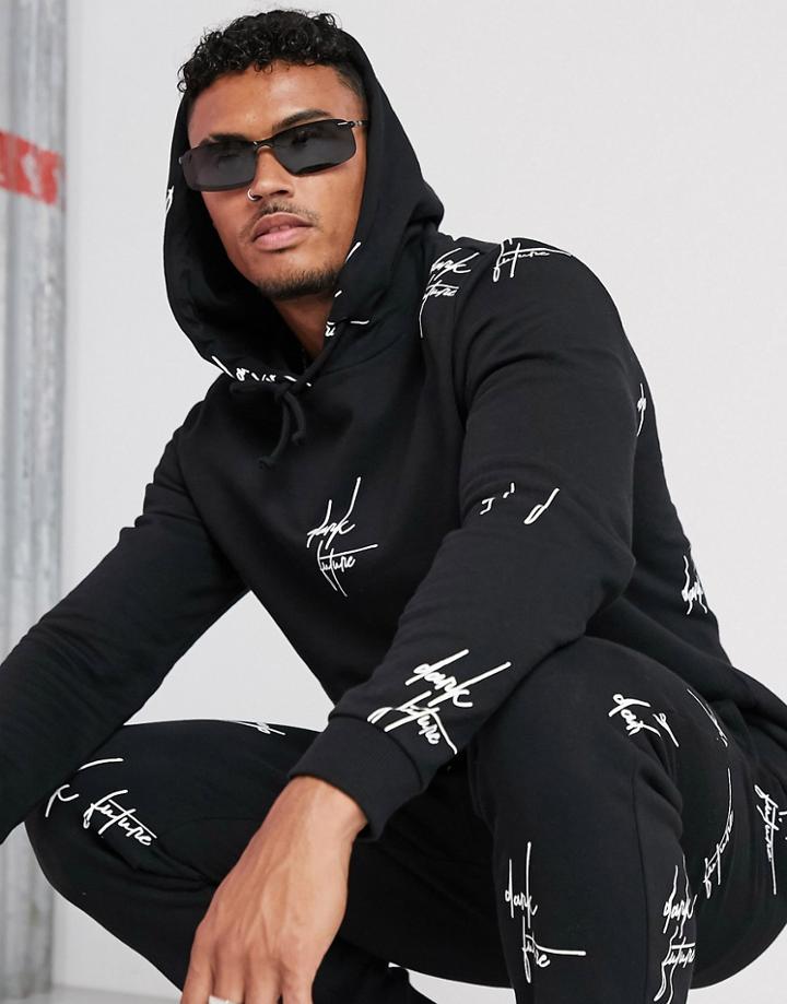 Asos Design Two-piece Hoodie With All Over Dark Future Logo Print In Black