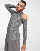 Asos Design Skinny Long Sleeve Cut Out T-shirt In Gray All Over Print