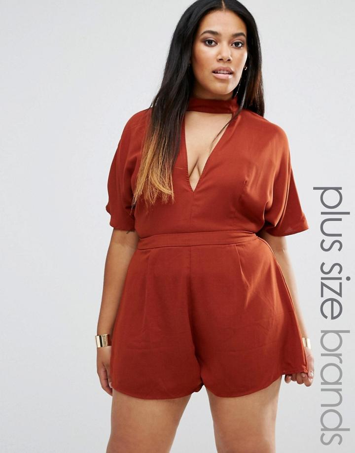Missguided Plus Tab Neck Playsuit - Brown
