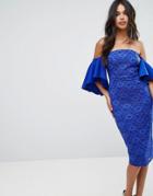 Asos Lace Bardot Midi Dress With Extreme Sleeves - Blue