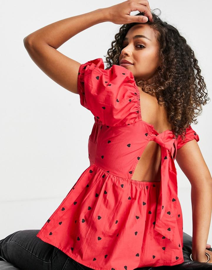 Influence Square Neck Blouse With Puff Sleeve In Red Heart Print