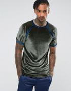 Asos Muscle T-shirt In Velour With Contrast Binding In Khaki - Green