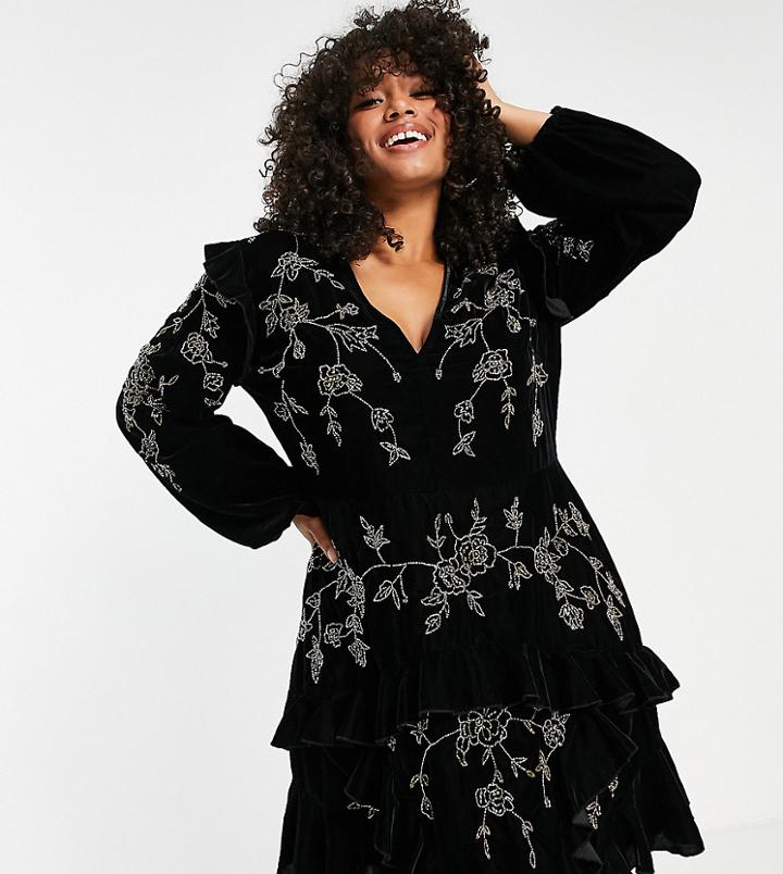 Asos Design Curve Velvet Ruffle Mini Dress With Stencil Floral Embellishment And Open Back-black