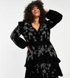 Asos Design Curve Velvet Ruffle Mini Dress With Stencil Floral Embellishment And Open Back-black