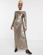 Verona Maxi Dress With Drape Wrap Front In Silver Glitter