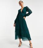 Asos Design Tall Exclusive Plunge Pleated Midi Dress With Lace Insert Hem In Forest Green